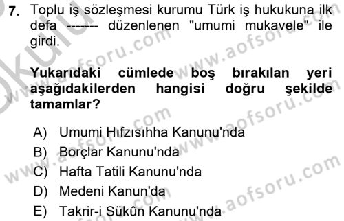 Çalışma İlişkileri Tarihi Dersi 2018 - 2019 Yılı Yaz Okulu Sınav Soruları 7. Soru