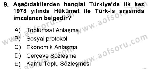 Çalışma İlişkileri Tarihi Dersi 2018 - 2019 Yılı Yaz Okulu Sınav Soruları 9. Soru