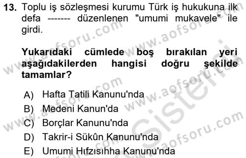 Çalışma İlişkileri Tarihi Dersi 2019 - 2020 Yılı (Vize) Ara Sınav Soruları 13. Soru