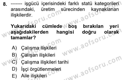 Çalışma İlişkileri Tarihi Dersi Ara Sınavı Deneme Sınav Soruları 8. Soru