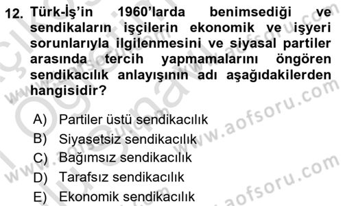 Çalışma İlişkileri Tarihi Dersi 2020 - 2021 Yılı Yaz Okulu Sınavı 12. Soru