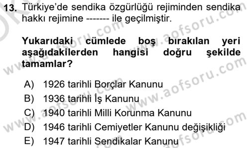 Çalışma İlişkileri Tarihi Dersi 2020 - 2021 Yılı Yaz Okulu Sınavı 13. Soru