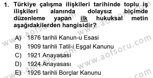 Çalışma İlişkileri Tarihi Dersi Ara Sınavı Deneme Sınav Soruları 1. Soru