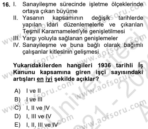 Çalışma İlişkileri Tarihi Dersi Ara Sınavı Deneme Sınav Soruları 16. Soru