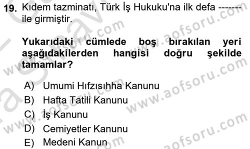 Çalışma İlişkileri Tarihi Dersi Ara Sınavı Deneme Sınav Soruları 19. Soru