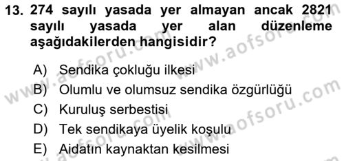 Çalışma İlişkileri Tarihi Dersi 2021 - 2022 Yılı (Final) Dönem Sonu Sınav Soruları 13. Soru