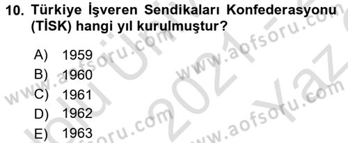 Çalışma İlişkileri Tarihi Dersi 2021 - 2022 Yılı Yaz Okulu Sınav Soruları 10. Soru