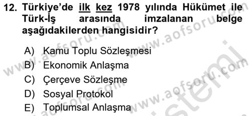 Çalışma İlişkileri Tarihi Dersi 2021 - 2022 Yılı Yaz Okulu Sınav Soruları 12. Soru
