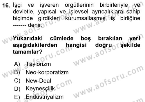 Çalışma İlişkileri Tarihi Dersi 2021 - 2022 Yılı Yaz Okulu Sınav Soruları 16. Soru