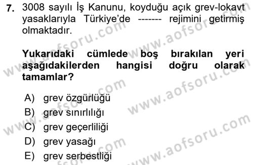 Çalışma İlişkileri Tarihi Dersi 2021 - 2022 Yılı Yaz Okulu Sınav Soruları 7. Soru