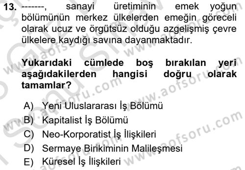 Çalışma İlişkileri Tarihi Dersi 2022 - 2023 Yılı (Final) Dönem Sonu Sınav Soruları 13. Soru
