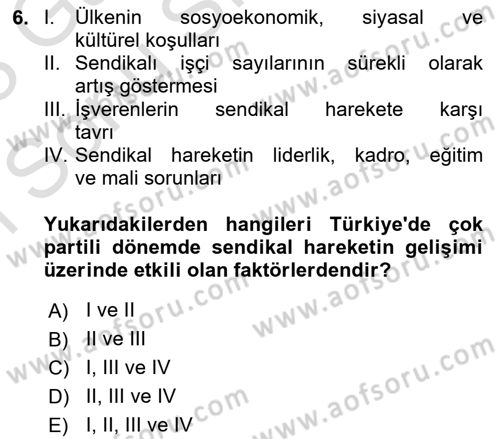 Çalışma İlişkileri Tarihi Dersi 2022 - 2023 Yılı (Final) Dönem Sonu Sınavı 6. Soru