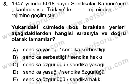 Çalışma İlişkileri Tarihi Dersi 2022 - 2023 Yılı (Final) Dönem Sonu Sınav Soruları 8. Soru
