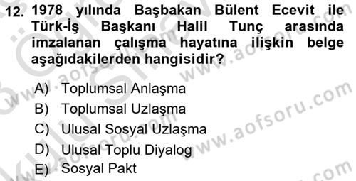 Çalışma İlişkileri Tarihi Dersi 2022 - 2023 Yılı Yaz Okulu Sınav Soruları 12. Soru
