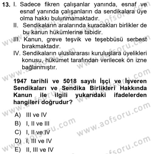 Çalışma İlişkileri Tarihi Dersi 2022 - 2023 Yılı Yaz Okulu Sınav Soruları 13. Soru