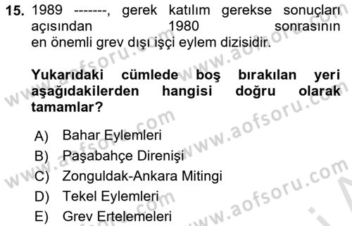 Çalışma İlişkileri Tarihi Dersi 2022 - 2023 Yılı Yaz Okulu Sınav Soruları 15. Soru