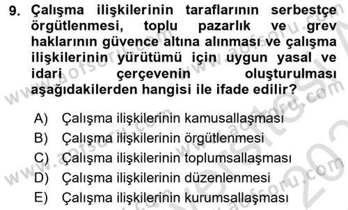 Çalışma İlişkileri Tarihi Dersi 2022 - 2023 Yılı Yaz Okulu Sınav Soruları 9. Soru
