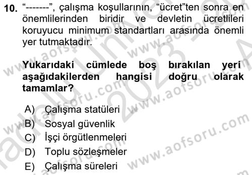 Çalışma İlişkileri Tarihi Dersi 2023 - 2024 Yılı (Vize) Ara Sınav Soruları 10. Soru