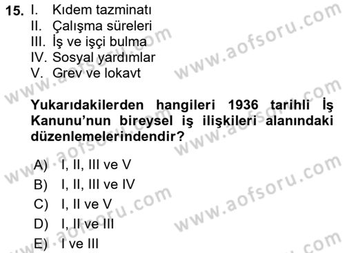 Çalışma İlişkileri Tarihi Dersi 2023 - 2024 Yılı (Vize) Ara Sınav Soruları 15. Soru