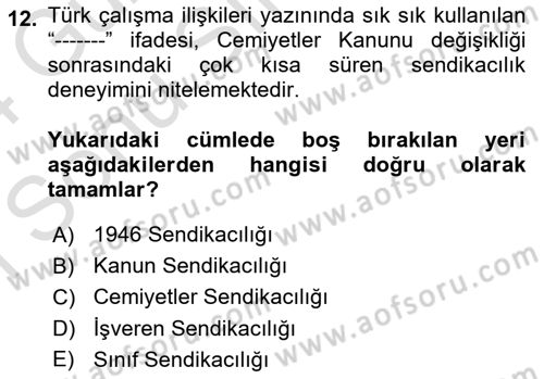 Çalışma İlişkileri Tarihi Dersi 2023 - 2024 Yılı (Final) Dönem Sonu Sınav Soruları 12. Soru