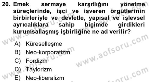 Çalışma İlişkileri Tarihi Dersi 2023 - 2024 Yılı (Final) Dönem Sonu Sınav Soruları 20. Soru