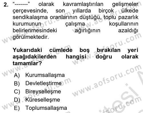 Çalışma İlişkileri Tarihi Dersi 2023 - 2024 Yılı Yaz Okulu Sınav Soruları 2. Soru