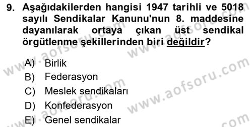 Çalışma İlişkileri Tarihi Dersi 2023 - 2024 Yılı Yaz Okulu Sınav Soruları 9. Soru
