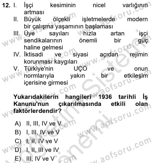 Çalışma İlişkileri Tarihi Dersi 2024 - 2025 Yılı (Vize) Ara Sınavı 12. Soru