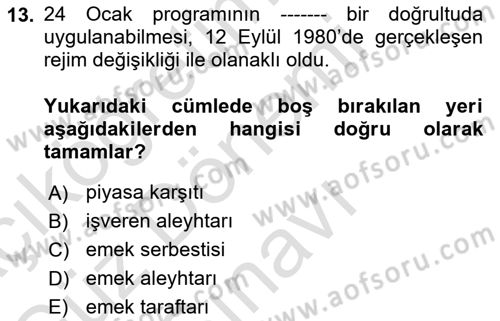 Çalışma İlişkileri Tarihi Dersi 2024 - 2025 Yılı (Final) Dönem Sonu Sınav Soruları 13. Soru
