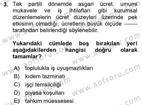Çalışma İlişkileri Tarihi Dersi 2024 - 2025 Yılı (Final) Dönem Sonu Sınav Soruları 3. Soru