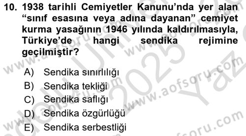 Çalışma İlişkileri Tarihi Dersi 2025 - 2026 Yılı Yaz Okulu Sınav Soruları 10. Soru
