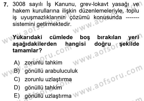 Çalışma İlişkileri Tarihi Dersi 2025 - 2026 Yılı Yaz Okulu Sınav Soruları 7. Soru