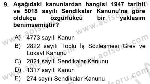 Çalışma İlişkileri Tarihi Dersi 2025 - 2026 Yılı Yaz Okulu Sınav Soruları 9. Soru