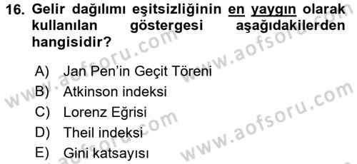 Gelir Dağılımı ve Yoksulluk Dersi 2017 - 2018 Yılı (Vize) Ara Sınav Soruları 16. Soru