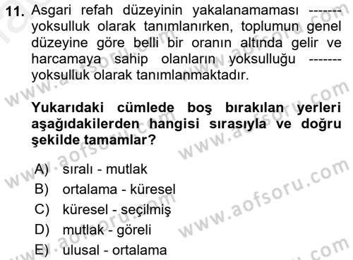 Gelir Dağılımı ve Yoksulluk Dersi 2018 - 2019 Yılı (Final) Dönem Sonu Sınav Soruları 11. Soru