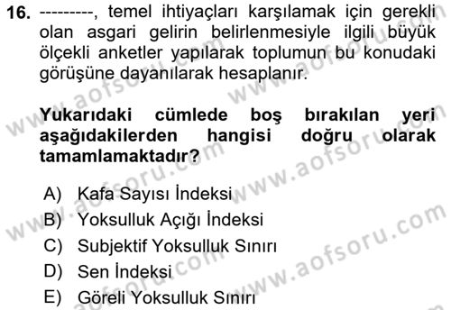 Gelir Dağılımı ve Yoksulluk Dersi 2020 - 2021 Yılı Yaz Okulu Sınav Soruları 16. Soru