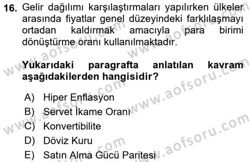 Gelir Dağılımı ve Yoksulluk Dersi 2021 - 2022 Yılı (Final) Dönem Sonu Sınav Soruları 16. Soru