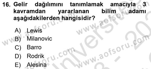 Gelir Dağılımı ve Yoksulluk Dersi 2023 - 2024 Yılı Yaz Okulu Sınav Soruları 16. Soru