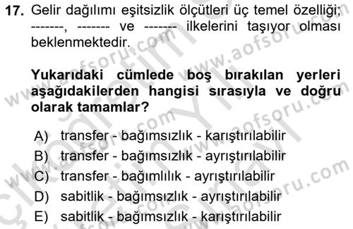 Gelir Dağılımı ve Yoksulluk Dersi 2024 - 2025 Yılı (Vize) Ara Sınav Soruları 17. Soru
