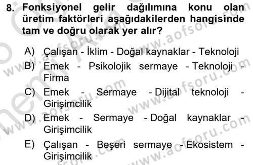 Gelir Dağılımı ve Yoksulluk Dersi 2024 - 2025 Yılı (Vize) Ara Sınav Soruları 8. Soru