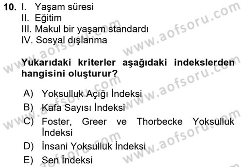 Gelir Dağılımı ve Yoksulluk Dersi 2025 - 2026 Yılı (Final) Dönem Sonu Sınav Soruları 10. Soru