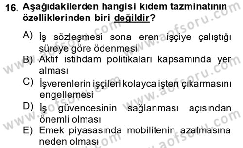 İstihdam ve İşsizlik Dersi 2014 - 2015 Yılı (Final) Dönem Sonu Sınavı 16. Soru