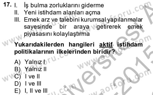 İstihdam ve İşsizlik Dersi 2014 - 2015 Yılı (Final) Dönem Sonu Sınavı 17. Soru