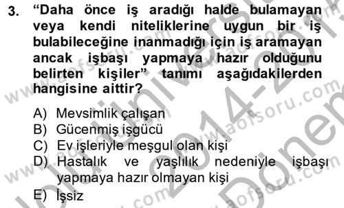 İstihdam ve İşsizlik Dersi 2014 - 2015 Yılı (Final) Dönem Sonu Sınavı 3. Soru