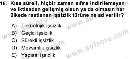İstihdam ve İşsizlik Dersi 2015 - 2016 Yılı (Vize) Ara Sınav Soruları 16. Soru