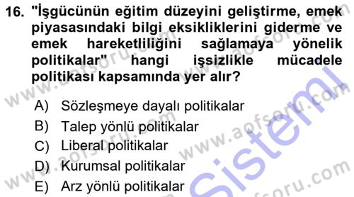 İstihdam ve İşsizlik Dersi 2015 - 2016 Yılı (Final) Dönem Sonu Sınav Soruları 16. Soru