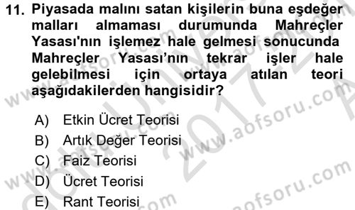 İstihdam ve İşsizlik Dersi 2017 - 2018 Yılı (Vize) Ara Sınav Soruları 11. Soru