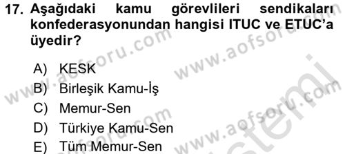Sendikacılık Dersi 2016 - 2017 Yılı (Final) Dönem Sonu Sınav Soruları 17. Soru
