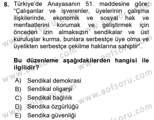 Sendikacılık Dersi 2017 - 2018 Yılı (Vize) Ara Sınav Soruları 8. Soru