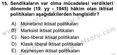 Sendikacılık Dersi 2018 - 2019 Yılı (Vize) Ara Sınav Soruları 15. Soru